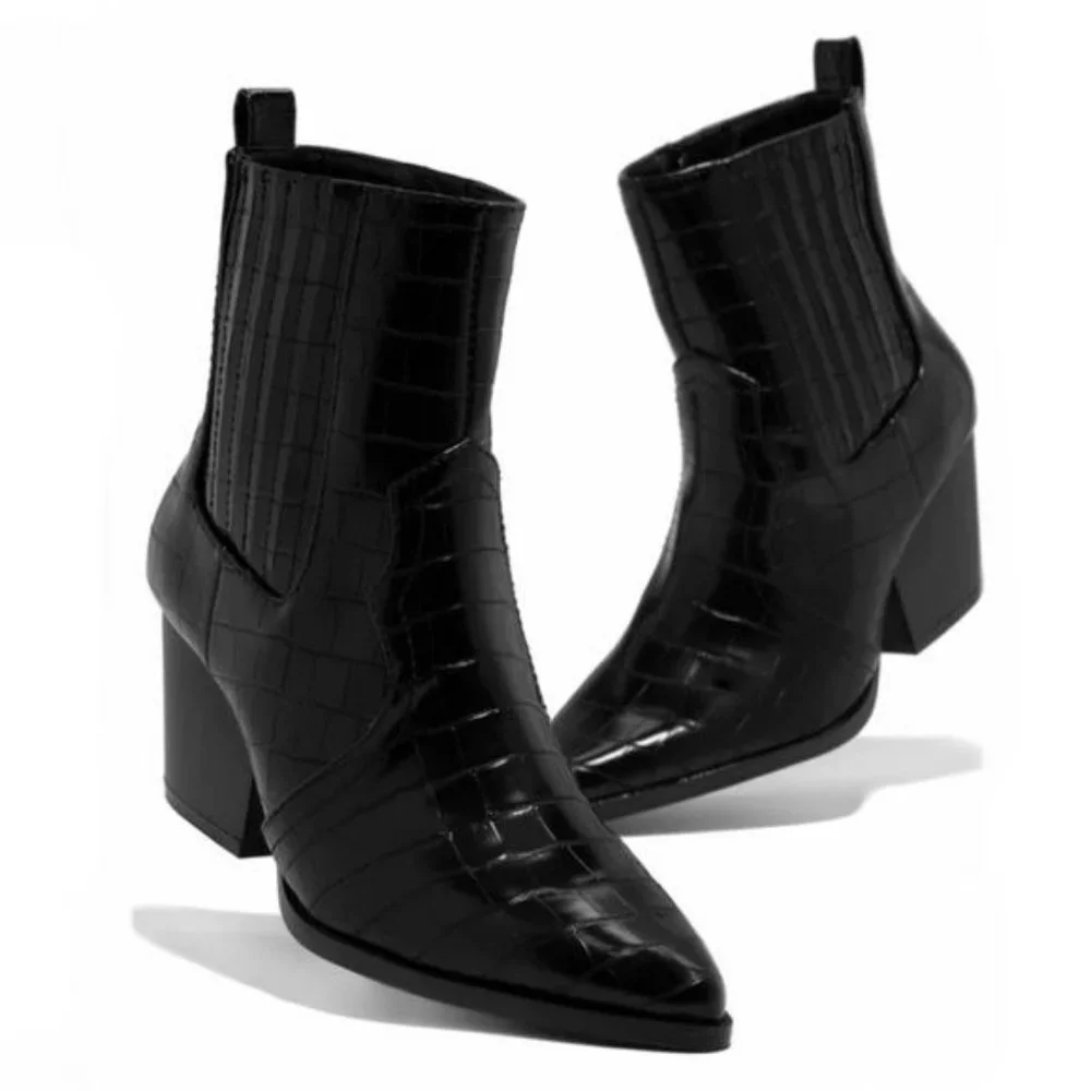!! NEW !! Vegan Leather Ankle Cowboy Boots in Black Croc - Picture 4 of 10